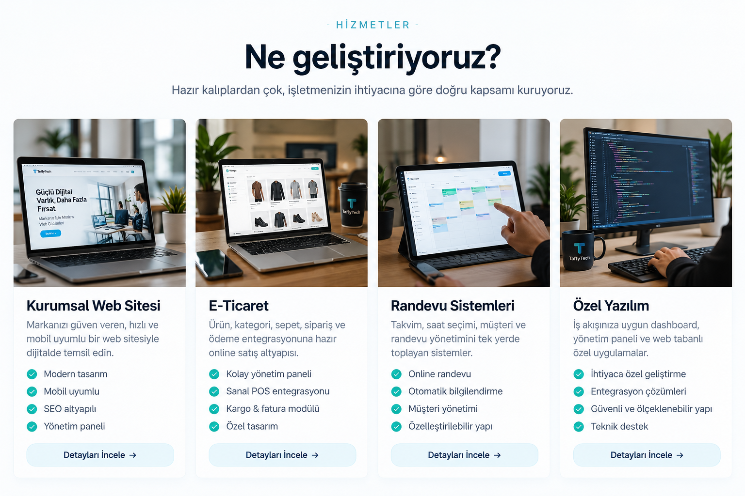 Taffy Tech kurumsal web, e-ticaret, randevu ve özel yazılım hizmetleri